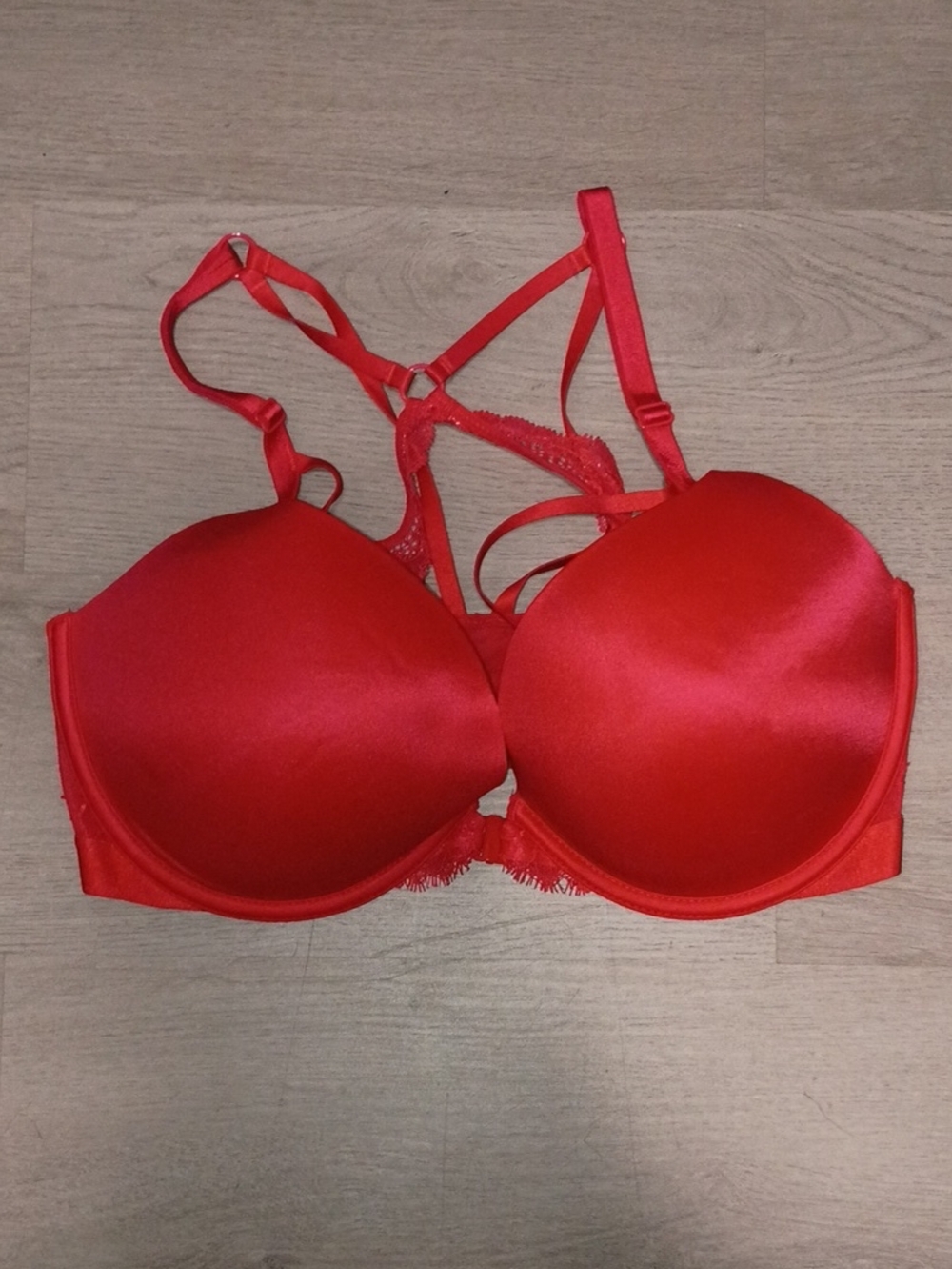 Victoria's Secret Satin Red Push-Up Bra with Decorative Strappy Back
